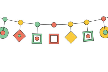 Festive geometric garland decorations for celebrations, parties and events with colorful shapes and modern design hanging to bring joy, happiness, and fun