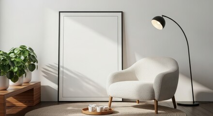 Modern living room mockup with floor lamp and empty frame for your art display