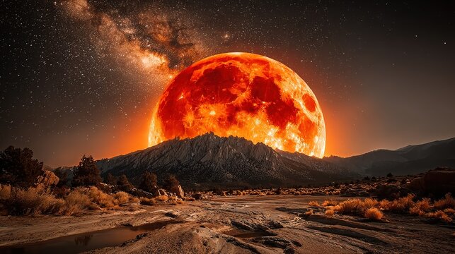 Real blood moon eclipse over Milky Way: crimson lunar disk against galactic core, dark sky&mdash;e-commerce astro hero, edu poster, social cover, phone wallpaper