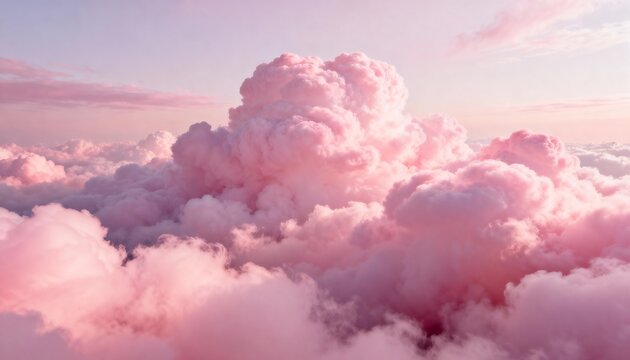 A breathtaking view of fluffy pink cumulus clouds floating in a pastel sky at sunset.