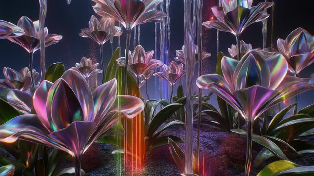 Tall luminous plants shimmer with multicolored translucent petals, rising in surreal formations that radiate glowing energy, creating a vibrant dreamlike garden filled
