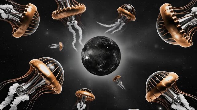 Floating jellyfish drift through a dark cosmic void around a shadowed planet, their glowing tendrils trailing radiant particles as they move in surreal motion