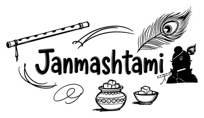 Janmashtami Festival Doodle Banner With Flute Peacock Feather And Matki Line Art Vector