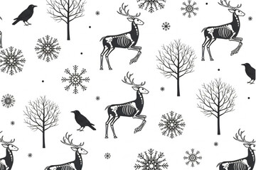 Enchanting winter pattern featuring skeletal deer, crows, and snowflakes offering a unique and captivating seasonal aesthetic for creative projects