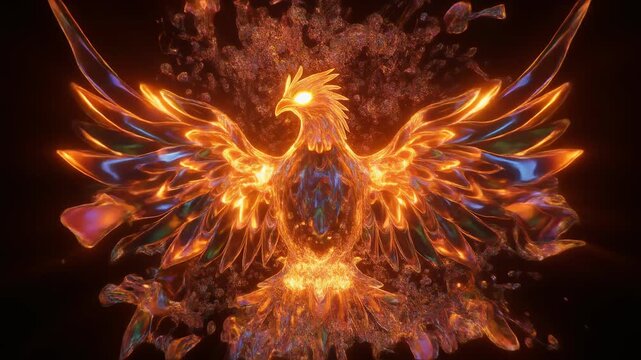 A fiery phoenix rises with blazing wings of swirling energy, forming radiant patterns of living flame as it expands upward, creating a powerful vision of rebirth