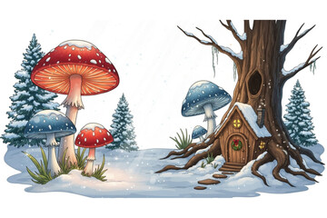 Enchanting winter wonderland scene with whimsical mushroom houses and snow-covered fir trees, perfect for fairy tales and holiday magic illustrations