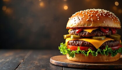 Double cheeseburger with lettuce and tomato sits on wooden board. Sesame seed bun tops juicy beef patties, melted cheese, pickles, ketchup. Dark background with bokeh lights.