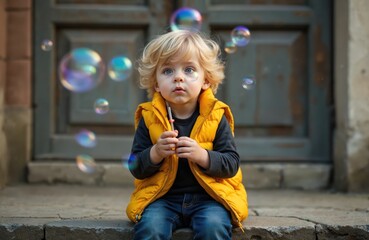 Little blond boy sits on stone steps outside blowing iridescent bubbles. Child in yellow vest and jeans plays with soap bubbles enjoying outdoor playtime.