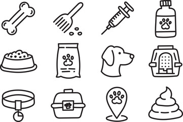 Hand Drawn Pet Care and Veterinary Line Icons for Animals, Supplies and Grooming