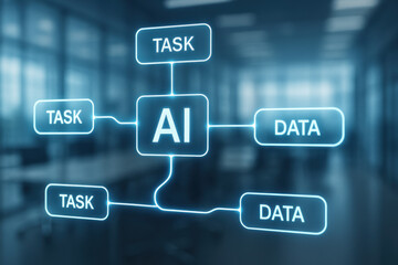 AI automation workflow optimization + business intelligence connecting task and data in modern office scene conveying efficiency and digital transformation