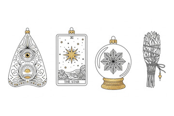Enchanting gold holiday ornaments featuring mystical symbols, a tarot card, sage bundle, and snow globe, creating magical Christmas vibes