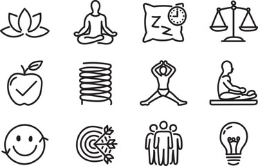 Hand Drawn Wellness and Mindfulness Line Icons for Health, Balance and Lifestyle