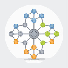Abstract interconnected network of colorful nodes creating a complex symmetrical design