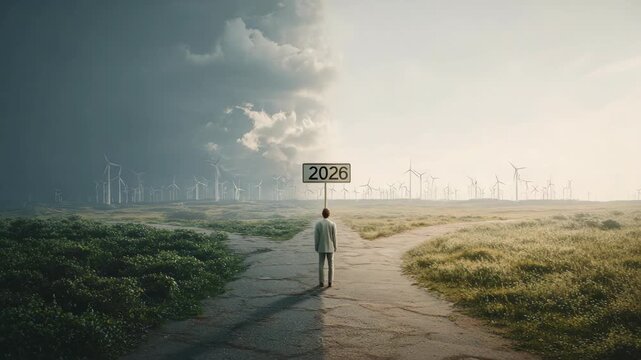 Man facing forked path in 2026 symbolizing environmental choices and future direction