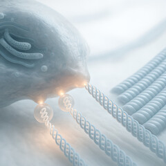 Fibroblast cell synthesizing collagen, elongated spindle-shaped fibroblast with extended cytoplasmic processes, collagen triple-helix precursors packaged into vesicles moving toward cell membrane