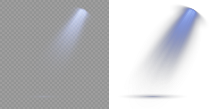 Floodlight beam, illuminated spotlights. Row of spotlights. Transparent background. Transparent allows seamless web or poster use. Reflections add depth to spotlight scenes on floor. Light Effects.