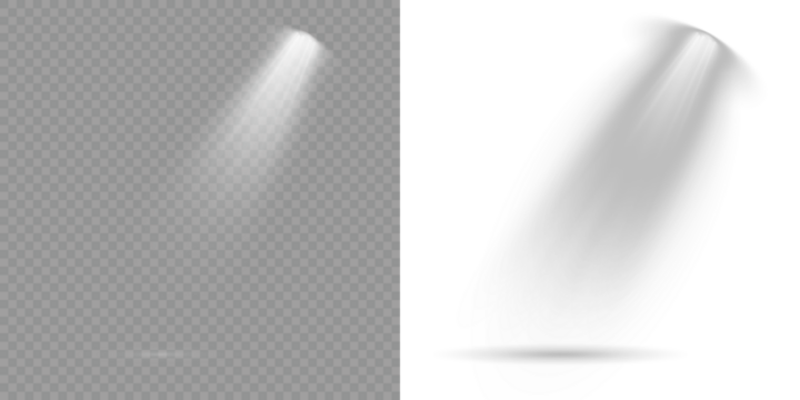 Vector Spotlights. Light sources, concert lighting, stage spotlights. Light Effects. Transparent allows seamless web or poster use. Stage spotlights emit strong white directional light beams. Scene.