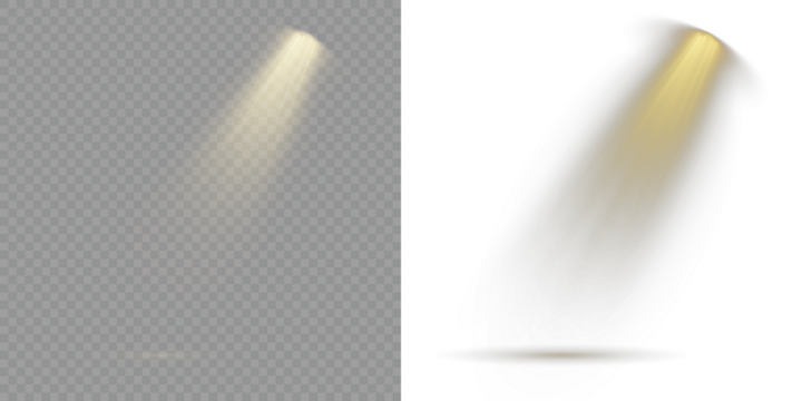 Vector Spotlights. Overlay effects simulate professional studio illumination. Bright spotlights shine down, forming focused light circles. Stage spotlights emit strong white directional light beams.
