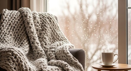 Cozy armchair draped with a chunky knit blanket next to a window with a warm drink