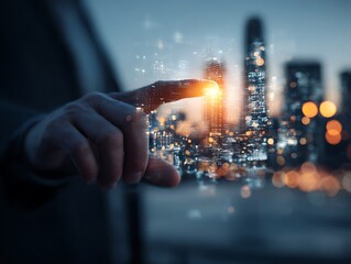 Hand touching a glowing digital city projection technology