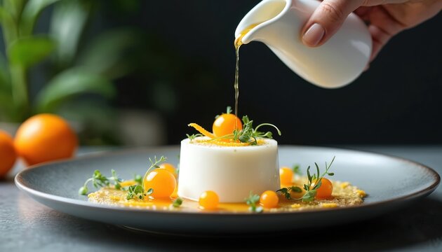 White dessert topped with yellow sauce and berries sits on grey plate. Tiny green herbs garnish dish. Orange spheres surround dessert with zest. Fresh food arrangement.