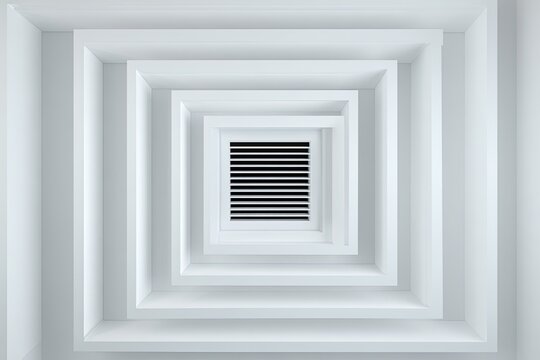 Abstract architectural ceiling design with nested square frames, centered on a vent