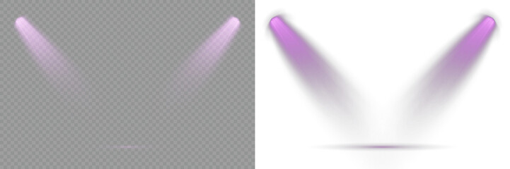 Light Effects. Reflections add depth to spotlight scenes on floor. Vector Spotlights. Scene. Stage spotlights emit strong white directional light beams. Transparent allows seamless web or poster use.