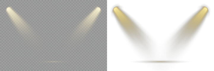 Vector Spotlights. Scene. Overlay effects simulate professional studio illumination. Stage lighting creates dramatic beams in concert visuals. Concert lighting set includes soft beams. Light Effects.
