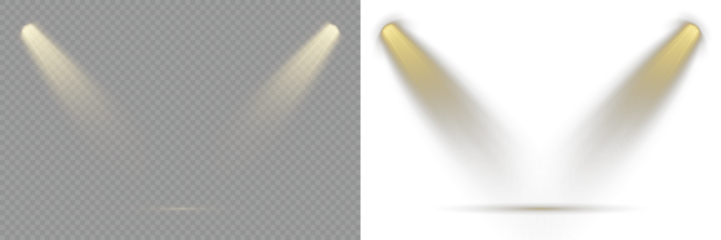 Vector Spotlights. Scene. Overlay effects simulate professional studio illumination. Stage lighting creates dramatic beams in concert visuals. Concert lighting set includes soft beams. Light Effects.