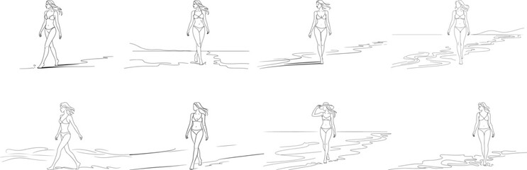 Line art of beautiful woman walk on beach wearing bikini, modern minimalist art set on white background