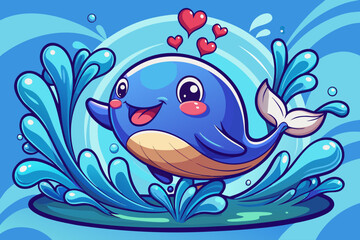 Fototapeta premium Round baby whale pops out of the sea with cheerful water spray shaped like a heart above its head