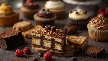 A tempting and rich display of chocolate-themed desserts, featuring a slice of layered marble cake, various gourmet cupcakes, brownies, and fresh berries, creating a decadent treat assortment