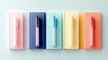 A collection of five pens in pastel colors, each placed on a notebook of a similar hue, creating a vibrant yet organized display.