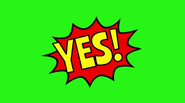 Comic style yes text pop animation on green screen background