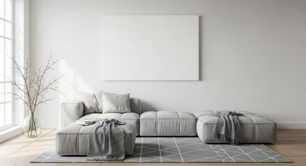 Minimalist living room with plush sofa and large canvas above