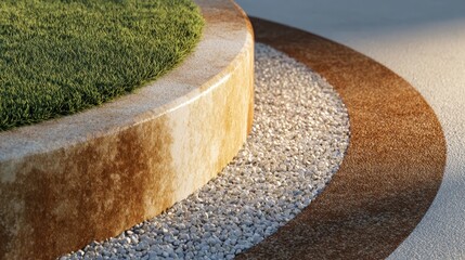 Modern abstract garden design with a circular planter of real grass, white pebbles and natural stone beside a curved brown textured surface, serene minimalist landscape