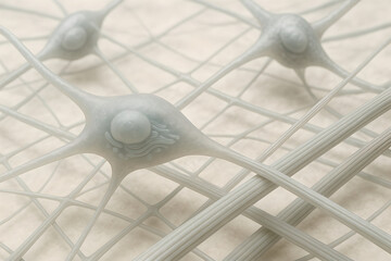 Fibroblast cell synthesizing collagen, elongated spindle-shaped fibroblast with extended cytoplasmic processes, collagen triple-helix precursors packaged into vesicles moving toward cell membrane