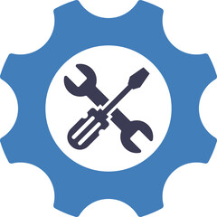 Blue Cogwheel Icon with Crossed Wrench and Screwdriver on Transparent Background Representing Mechanical Repair and Engineering Services