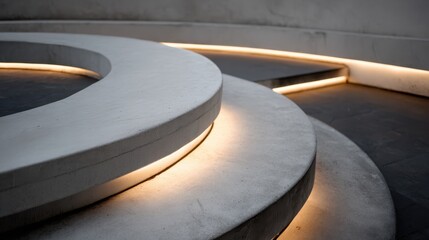 Smooth light gray concrete curves form sequential platform like steps softly lit from beneath by warm led lines against a dark background, highlighting modern minimalist architecture