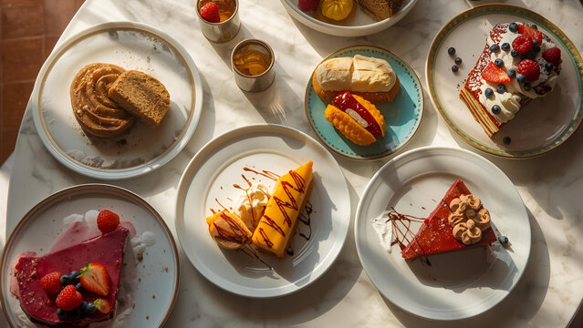 Selection of colorful desserts displayed on plates, highlighted by soft sunlight for a warm and appetizing presentation