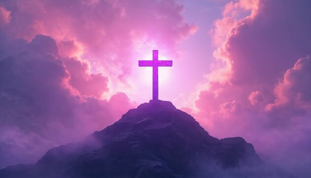 Purple cross on rocky peak at dawn sky. Dramatic clouds glow pink and yellow. Religious symbol stands tall, faith illuminated, hope rises, inspiring spirituality. Worship and redemption. - Powered by Adobe