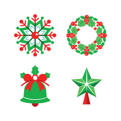 A set of Christmas icons featuring a bell, snowman, candy cane, and holly leaves with berries in a flat style on a white background. Festive holiday concept. Vector illustration