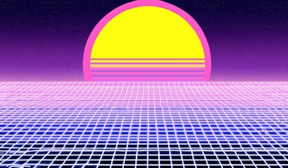 Retro-styled digital artwork with a geometric grid landscape, sun, and starry night sky