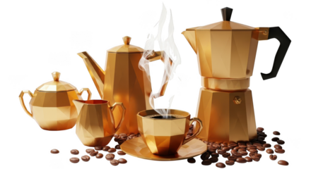 Golden coffee set with beans isolated on transparent background