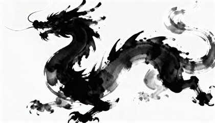 A powerful black dragon painted in a traditional Chinese ink wash style on a white background.