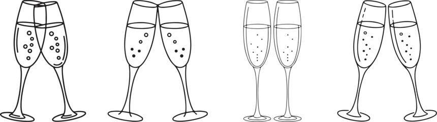 Line art of glasses with champagne, modern minimalist art set on white background.  © Madusanka