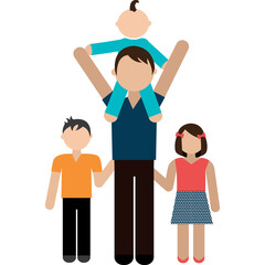 Father Carries Baby on Shoulders With Two Children Standing Beside Him Holding Hands in Colorful Outfits and Transparent Background