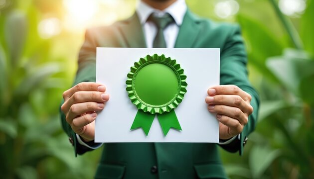 Businessman in green suit holds bright green award certificate proudly. Badge eco friendly business, environmental responsibility, company commitment to nature. Man shows sustainable achievement,