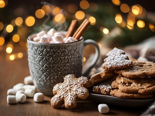 Hot Chocolate with Marshmallows and Snowflake Cookies