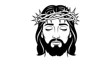 A black and white depiction of Jesus Christ, wearing a crown of thorns, eyes closed.